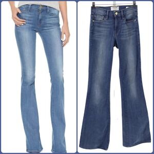 FRAME Forever Karlie Flare Jeans Stretch Denim Long Inseam Medium Wash Blue